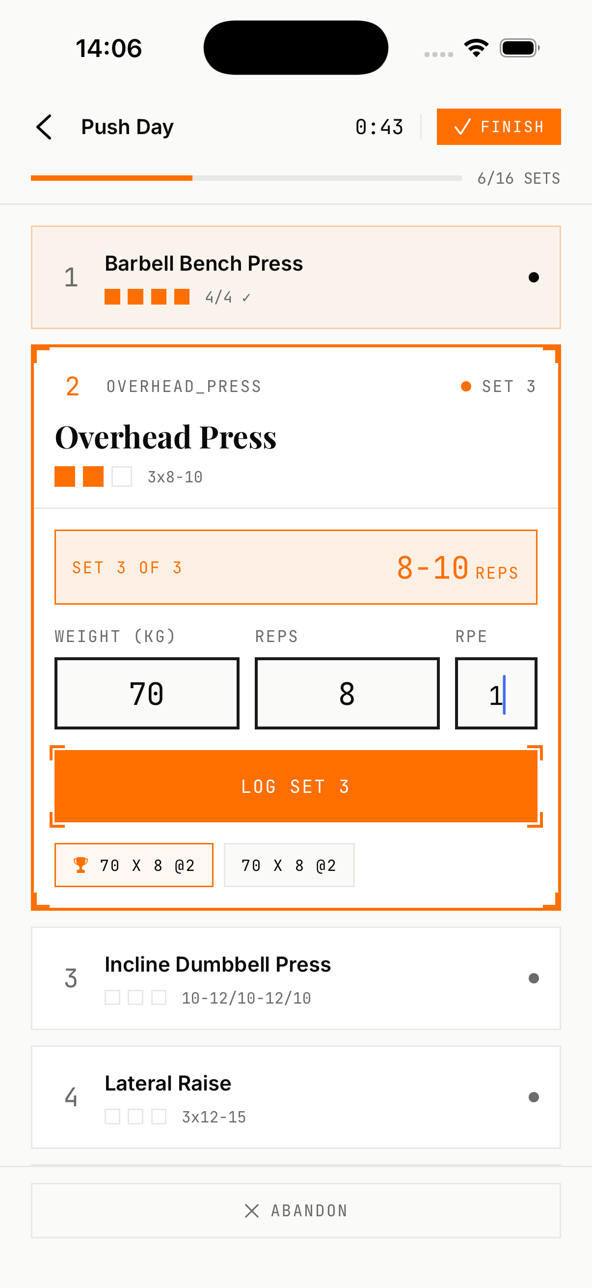 Commit Lite workout logging screen